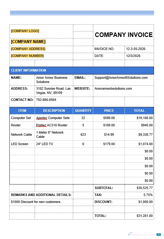 Download Sample IT Company Invoice Template Photoshop template